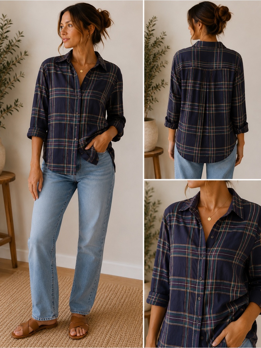 Everlane Plum/Navy Plaid Button-Up Shirt with Green and Brown Stripes